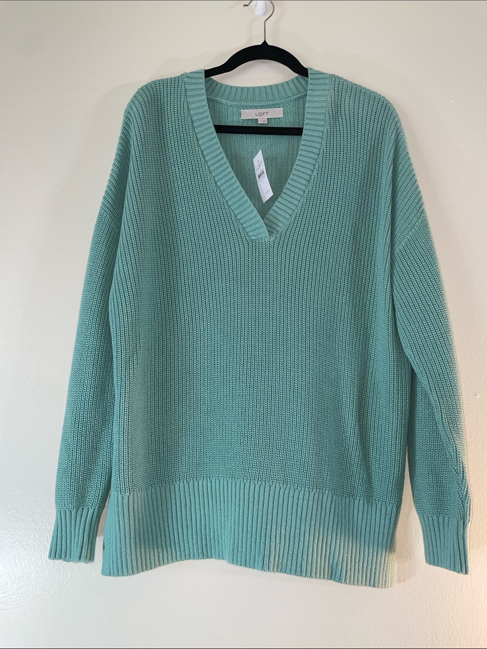 NWT LOFT 100% Cotton V-Neck Sweater Teal-Mint Women’s S Oversized Knit